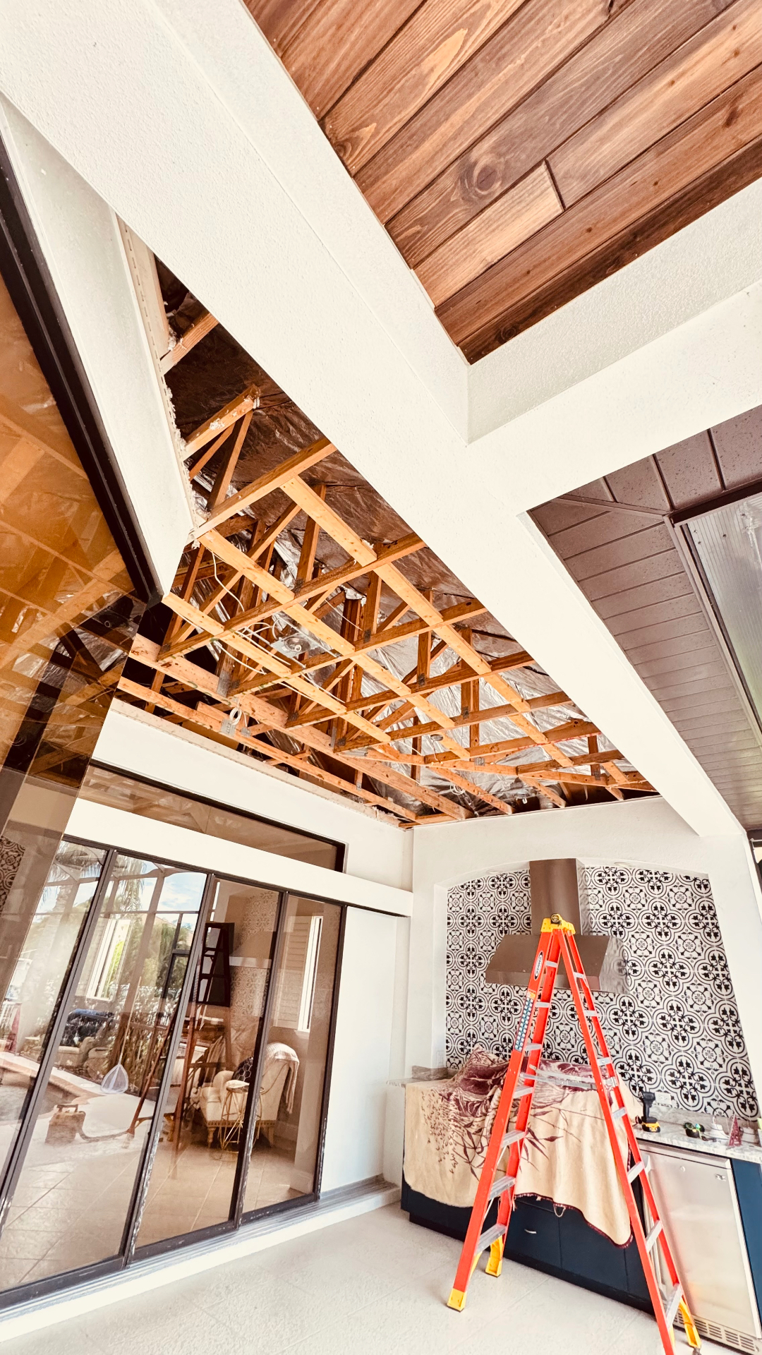 Before — Outdoor kitchen wood ceiling